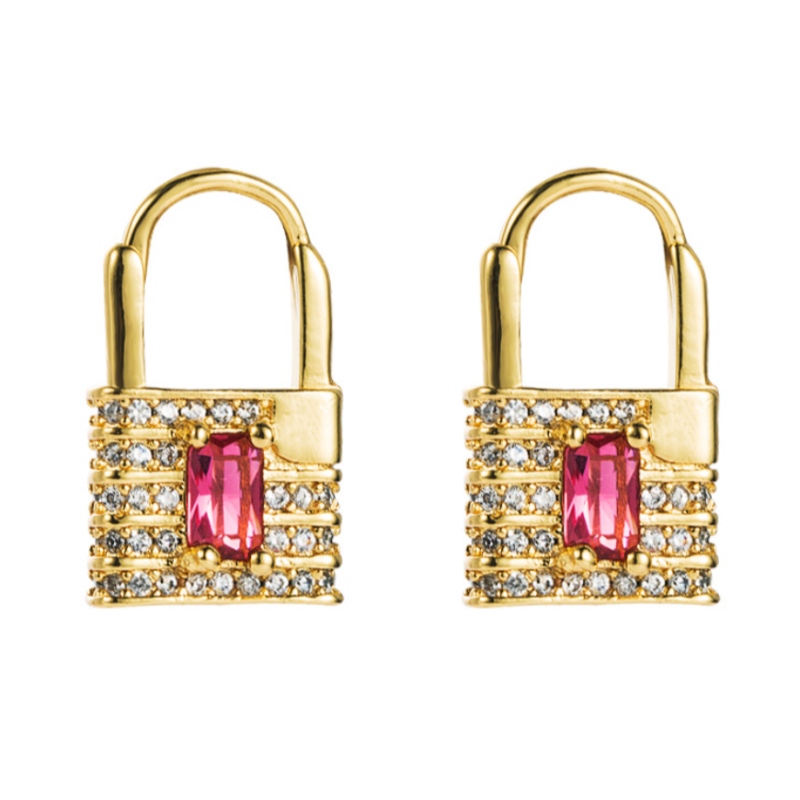 Europäische und amerikanische Ins Mode Kreative Liebesschloss Ohrringe Weibliche Kupfer vergoldete Ohrringe Micro-Inlaid-Farbe Zirkon-Ohrschmuck