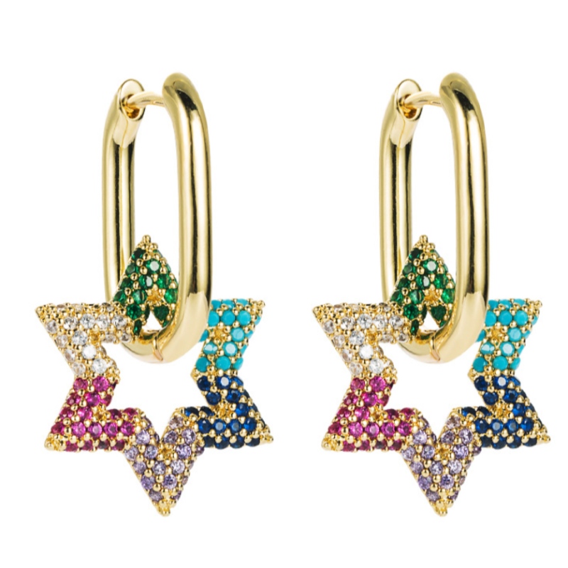 Europäische und amerikanische mode kreative Sechs-spitz-Stern-Blumen-förmige Ohrringe vergoldete Kupfer-Micro-Inlaid-Farbe Zirkon All-Match-Ohrringe