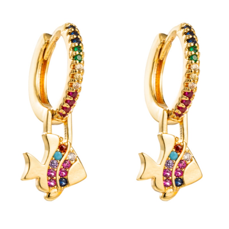 Europäische und amerikanische mode ohrringe regenbogenserie kleine fische form ohrringe ohrringe messing vergoldet micro-inline farbe zirkonohrringe